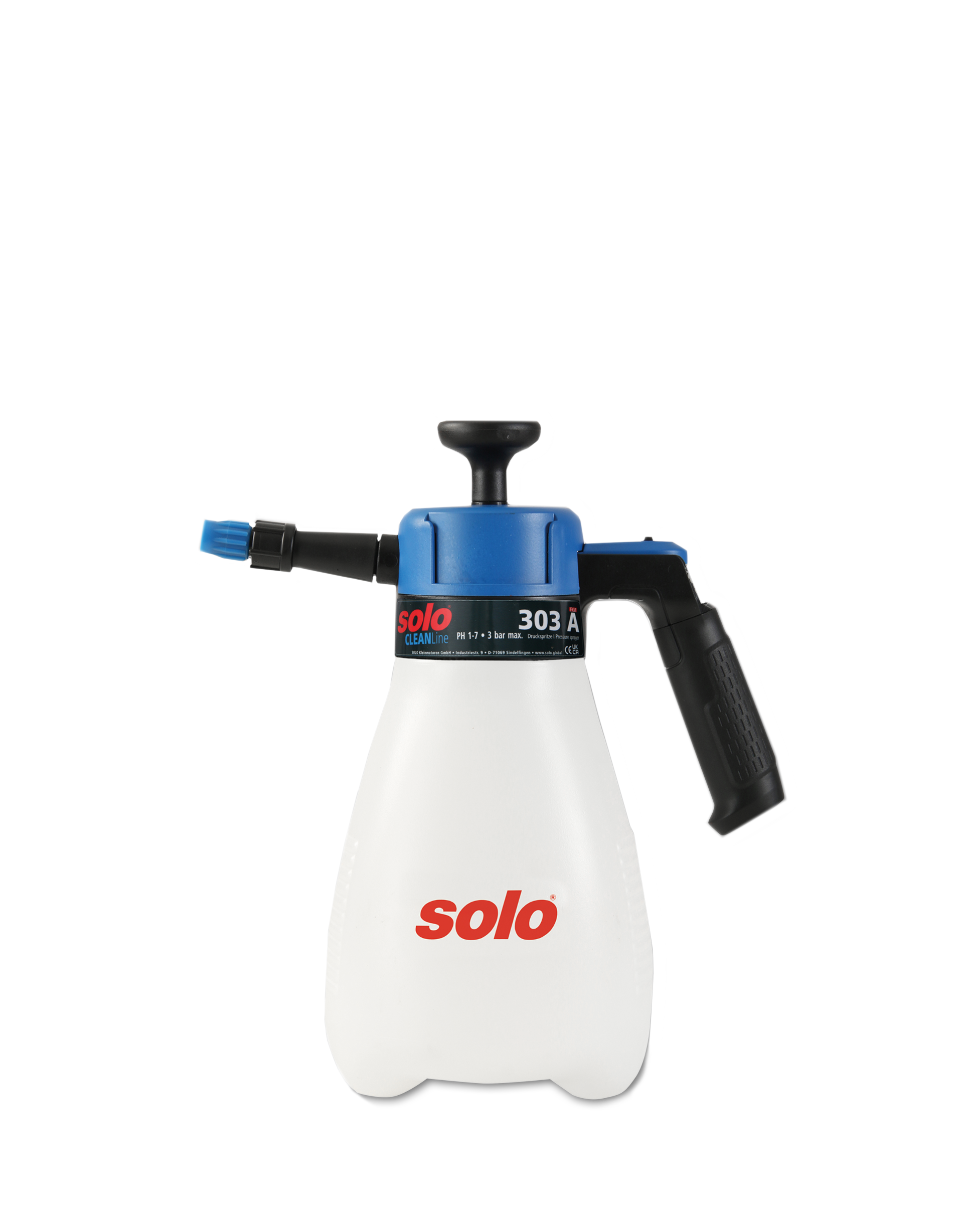 SOLO 303 A Handdruckspritze für professionelle Reinigungsanwendungen SOLO 303 A Handdruckspritze mit blauem Deckel und ergonomischem Griff für Reinigungszwecke.